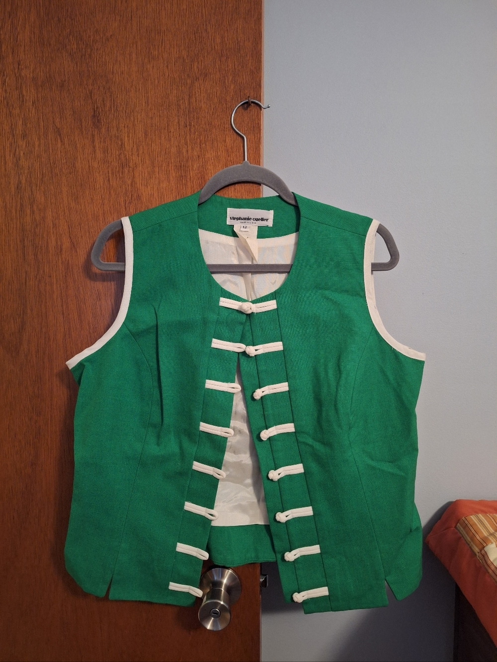 Stephanie Cueller NWT VTG Green White Toggles & Piped Trim Accent Vest Size M